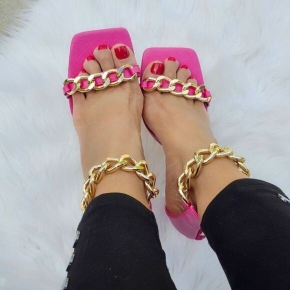 Shoes - Fuchsia High Heel Sandals Gold Chain Ankle Strap Open Toe